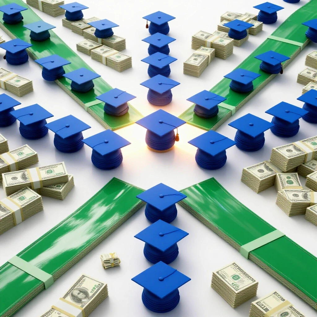 Two symbolic paths meet at a crossroads—inspiring graduation caps to one side and stacks of money on the other—against a radiant, bright horizon.