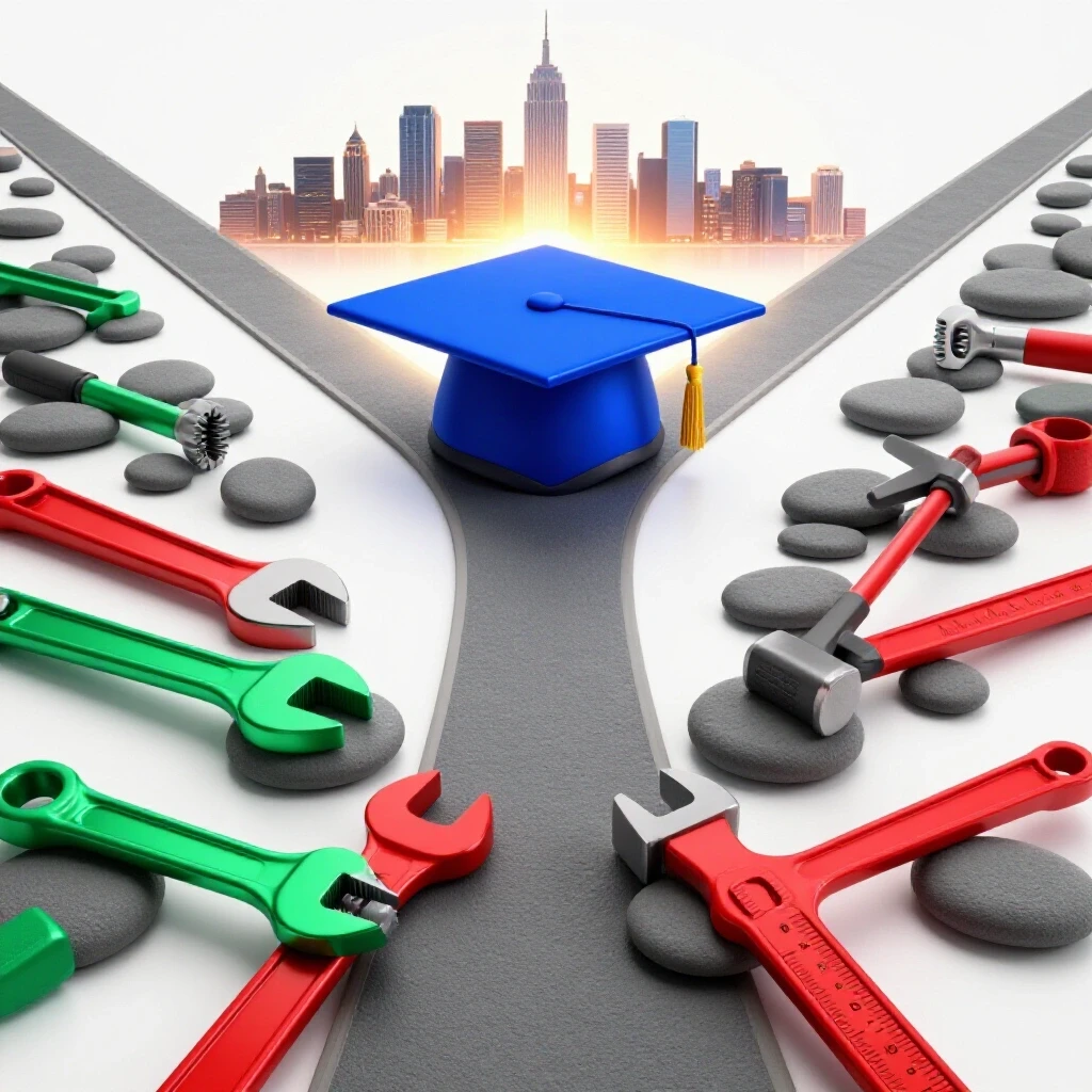 Split path with a graduation cap and hands-on tools converging toward a bright city skyline on a luminous background.