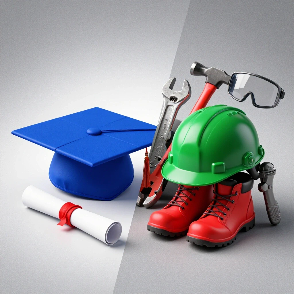 Diagonal split between vibrant graduation cap with diploma and rugged tools with outdoor gear, contrasting pathways.