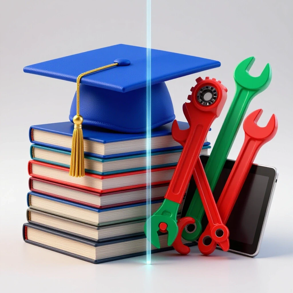 Split scene with graduation cap on textbooks contrasted against vivid work tools, highlighting career pathways.