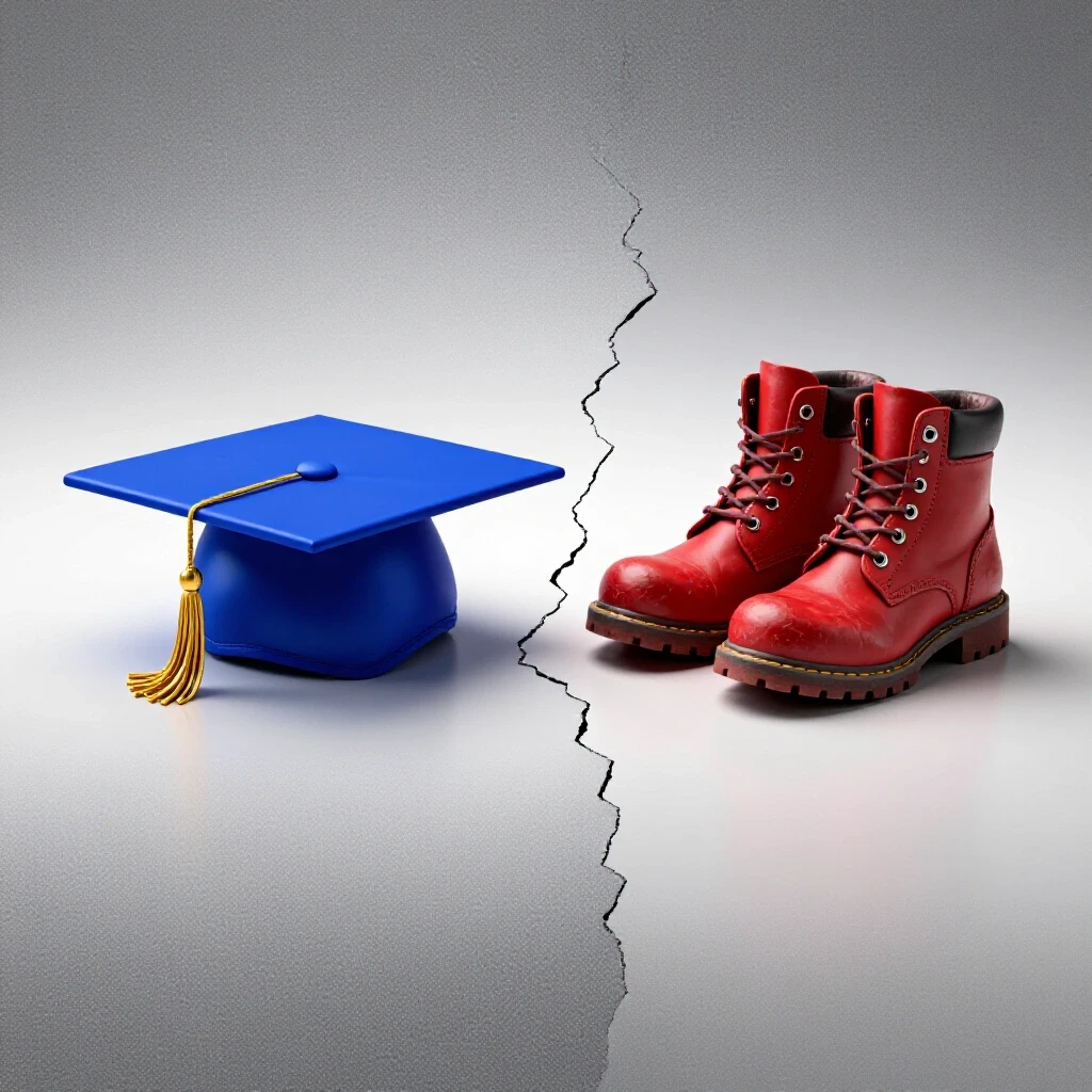 A graduation cap and rugged work boots divided in a bright studio scene, symbolizing career path choices.
