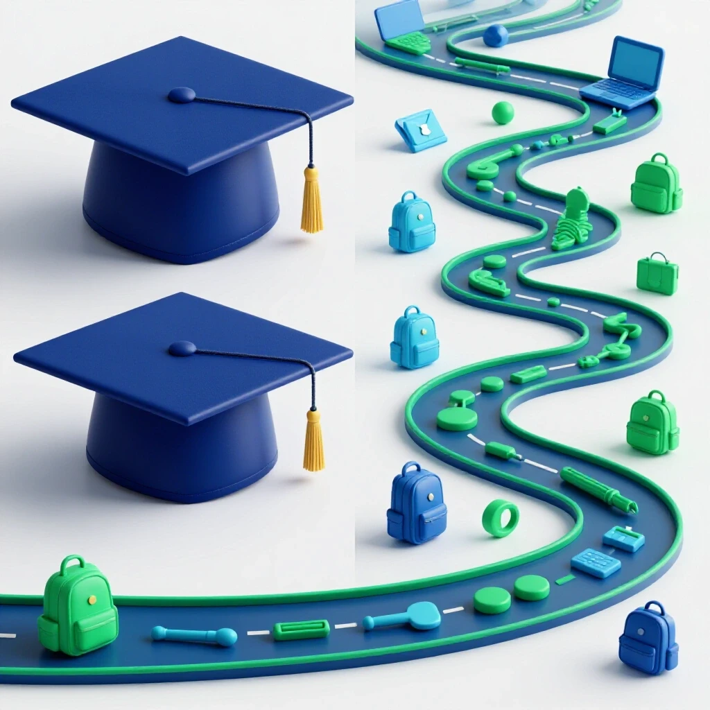Split composition showing a graduation cap on one side and a winding path with vibrant icons on the other side, set against a bright background.