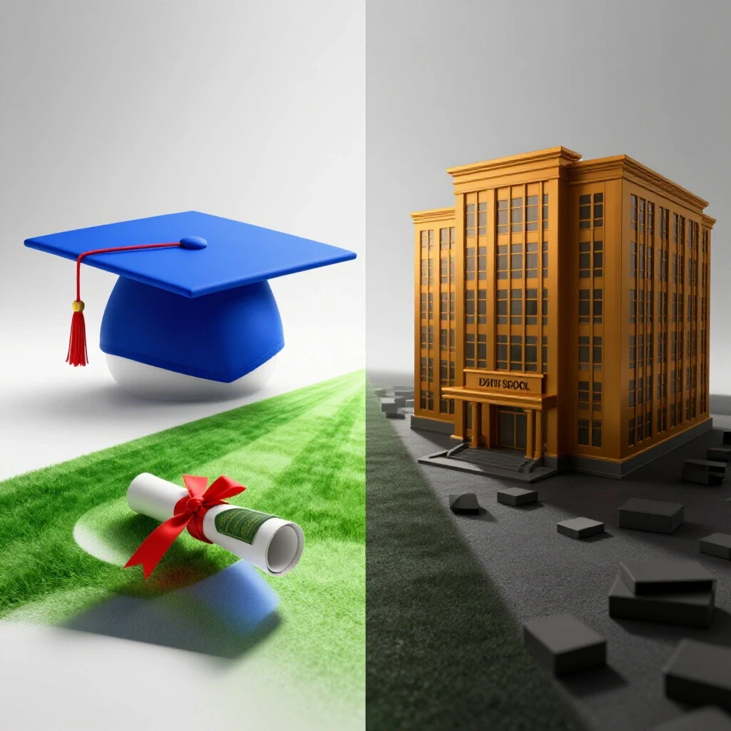 Split scene showing a graduation cap and diploma transitioning to a bright pathway, contrasted with a for-profit school fading into shadowy job prospects.