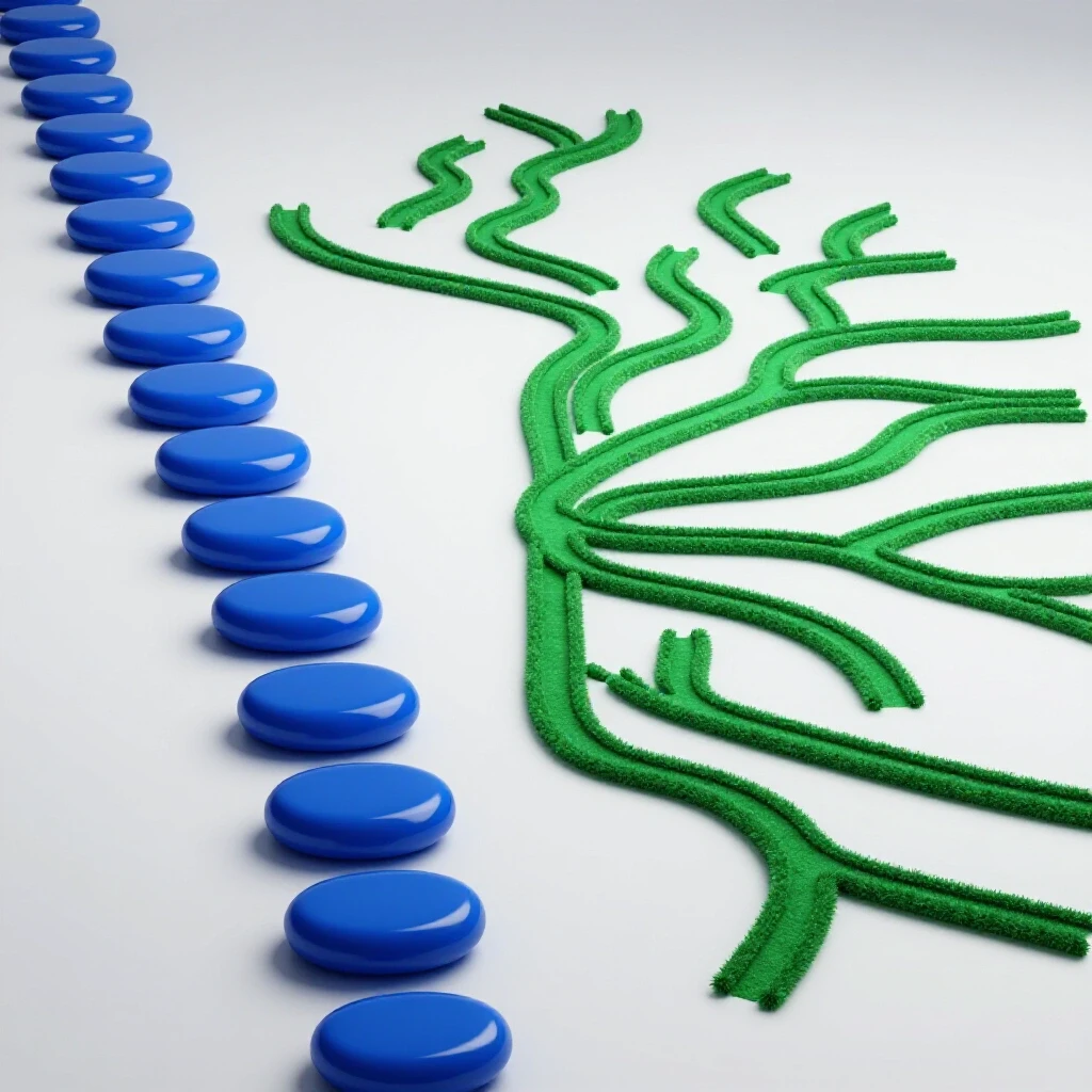 Split image with glossy blue stepping stones on one side and branching green trails on the other, set on a bright background.