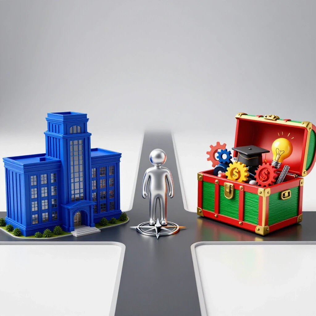 Split path with a royal blue university and vibrant treasure chest of opportunity icons in bright studio setting