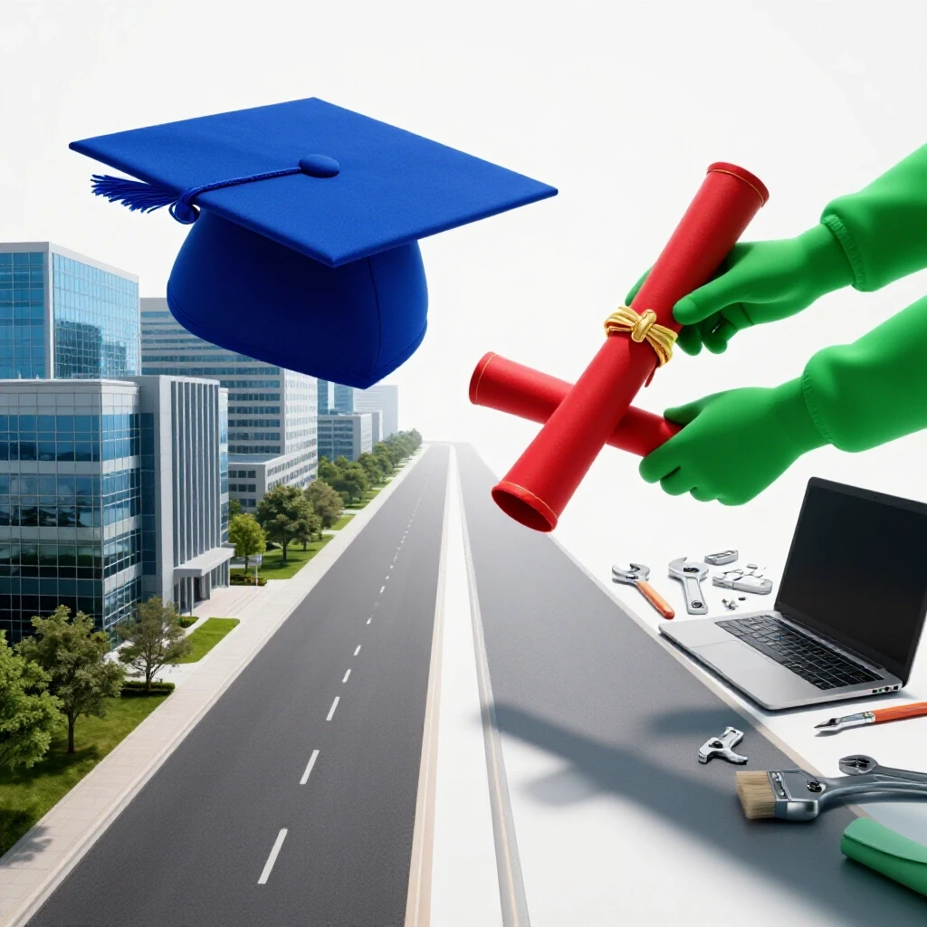 Split path showing a graduation cap leading to academic buildings on one side, and hands exchanging a grant certificate with tools on the other, symbolizing contrasting career journeys.