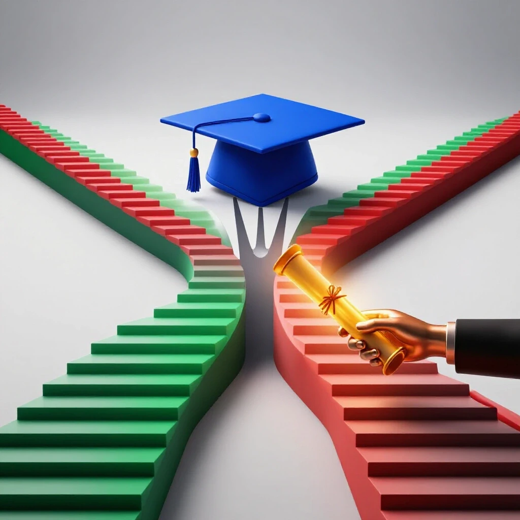 A forked path shows steps with a blue graduation cap on one side, glowing grant scroll in hands on the other, on a bright background.