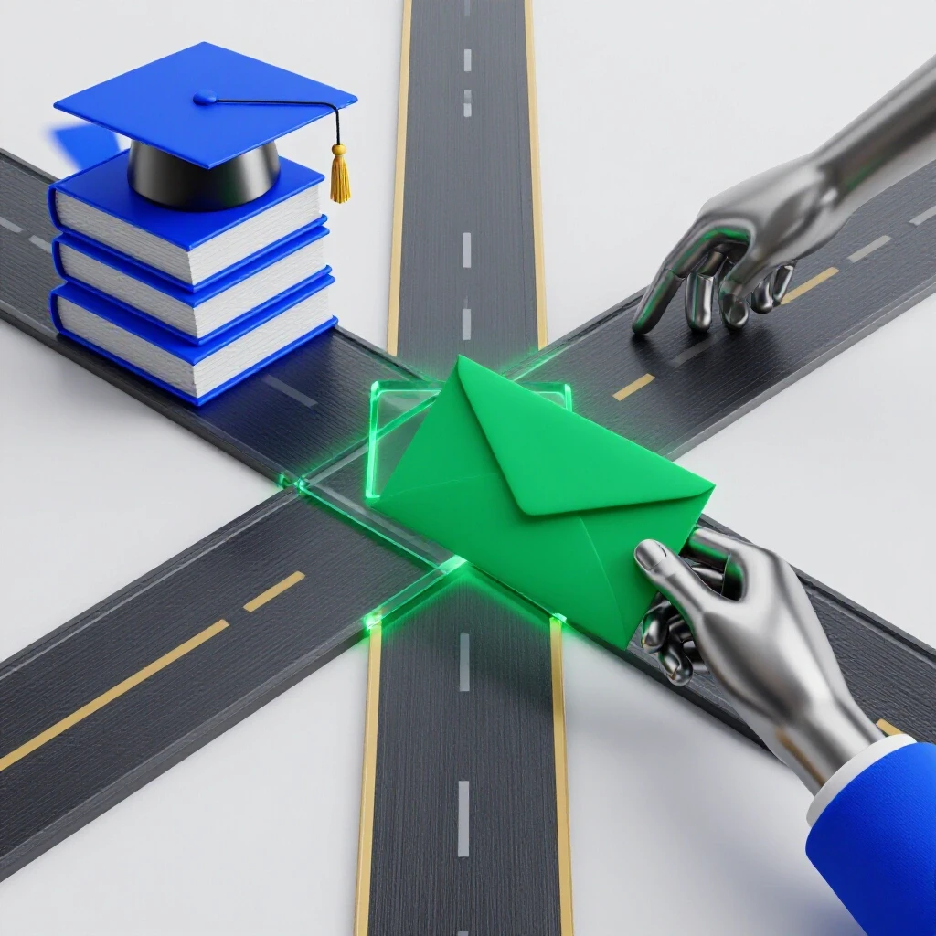 A split crossroads featuring academic books and a graduation cap on one side, and hands exchanging a glowing grant envelope on the other, all on a bright background.