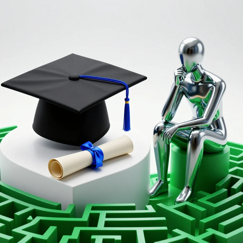 Split scene with glossy graduation cap and diploma on one side, abstract figure in emerald maze on the other, on bright background.