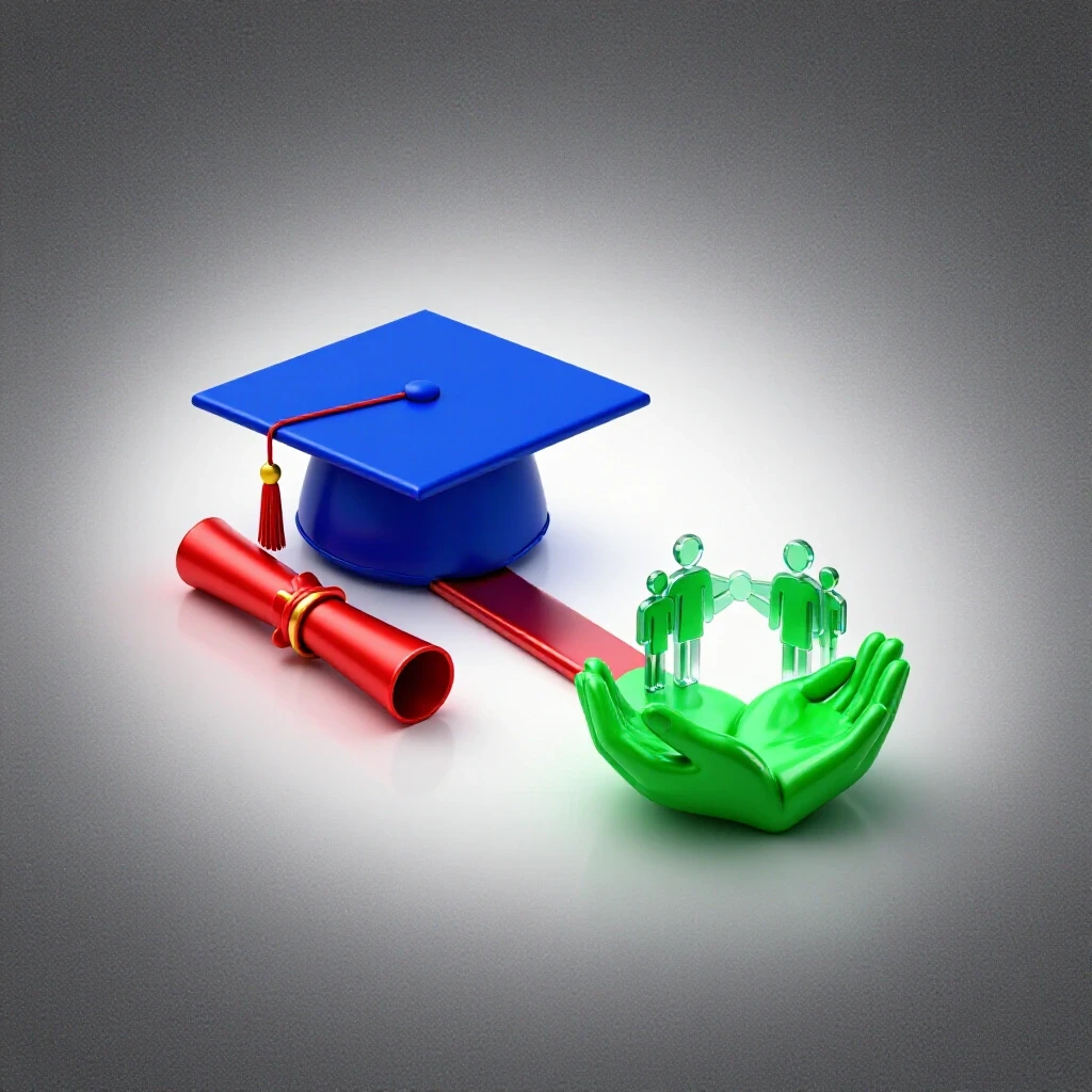 A vibrant branching path divides into academic symbols like a graduation cap and diploma on one side and helping hands with community icons on the other, set on a bright background.