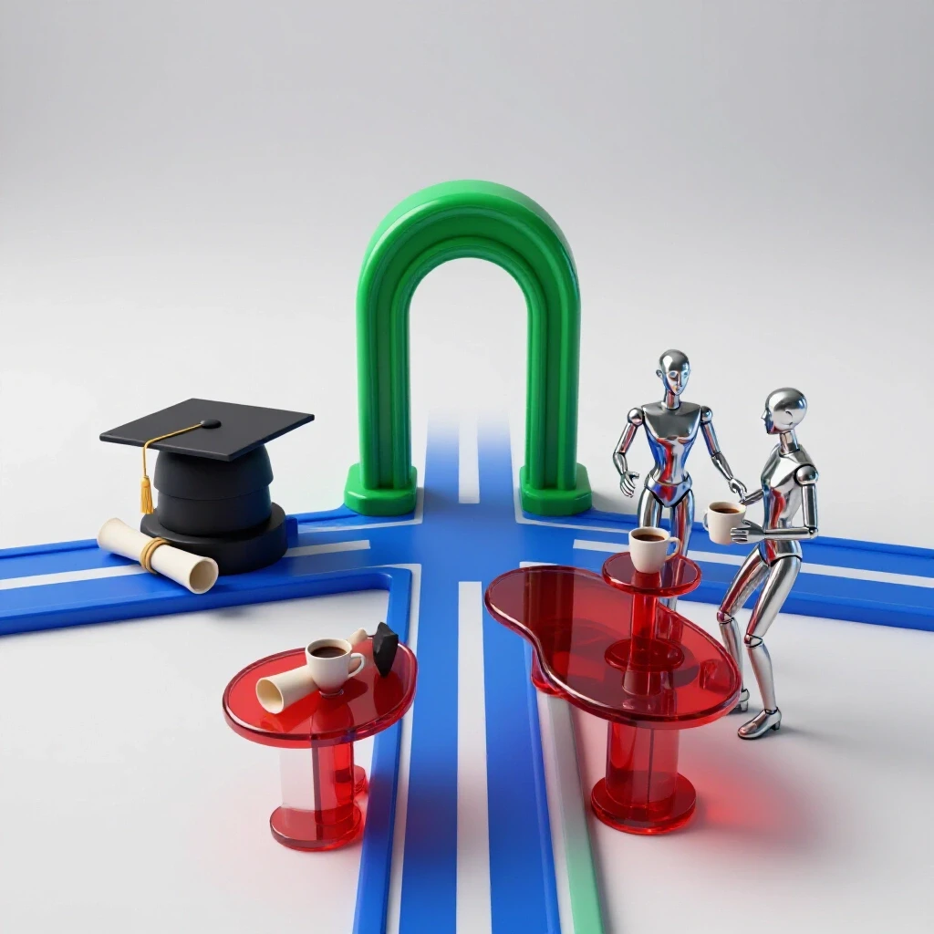 A vibrant crossroads features an academic arch with graduation items on one path and a coffee meetup on the other, set in a luminous studio.