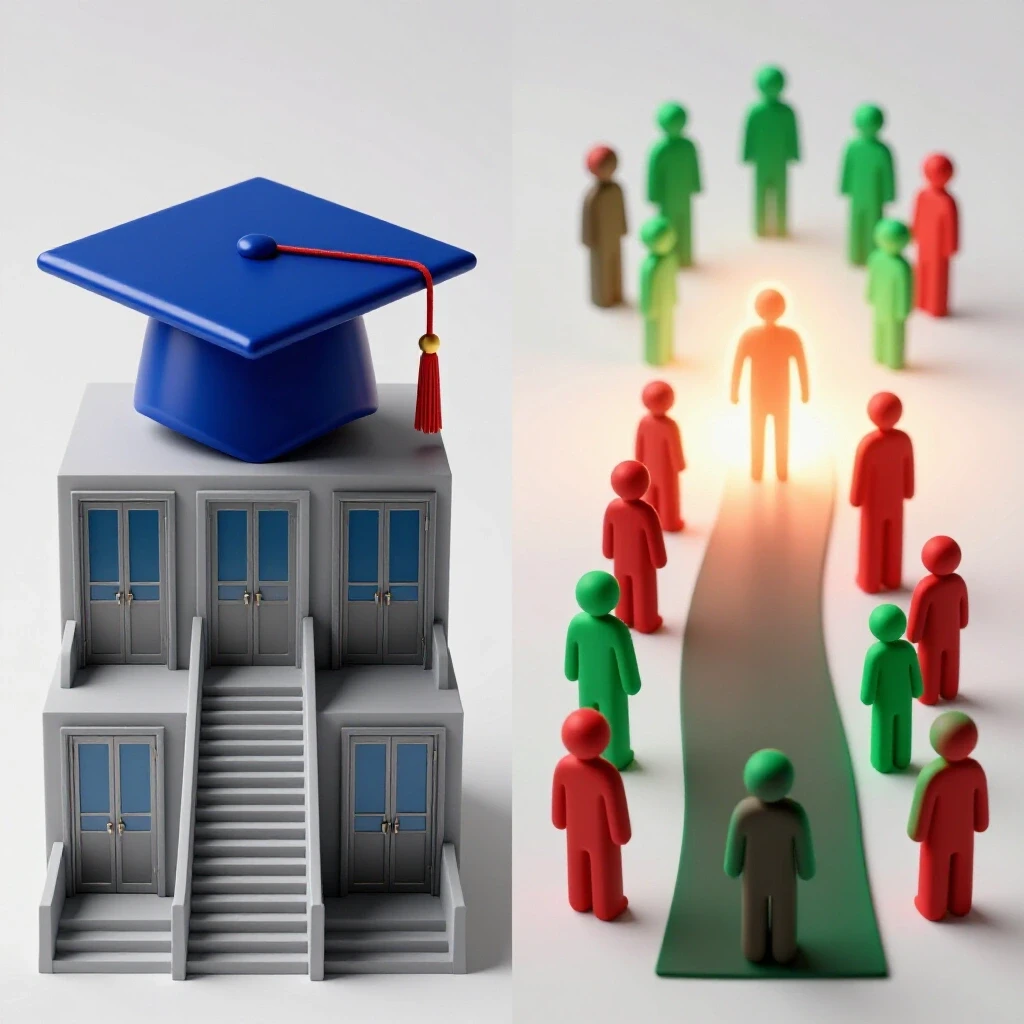 Split scene showing a graduation cap on a staircase with doors vs a mentor guiding shapes up a winding path
