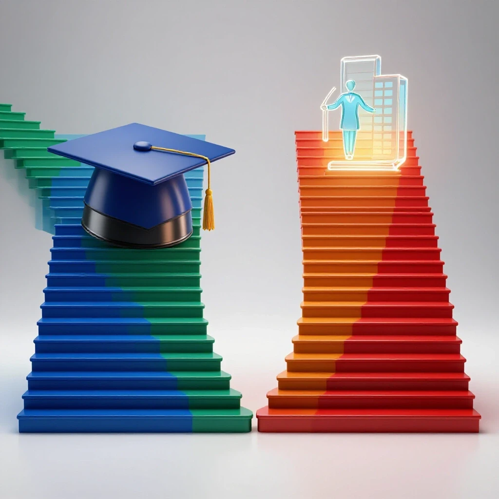 Split scene showing academic steps with a graduation cap on one side and corporate stairs leading to a lit office on the other, each in rich colors, on a bright background.