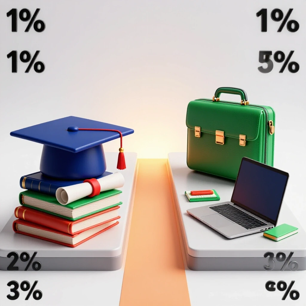 Split scene with glossy graduation cap and diploma opposing an emerald business briefcase, merging toward a bright horizon