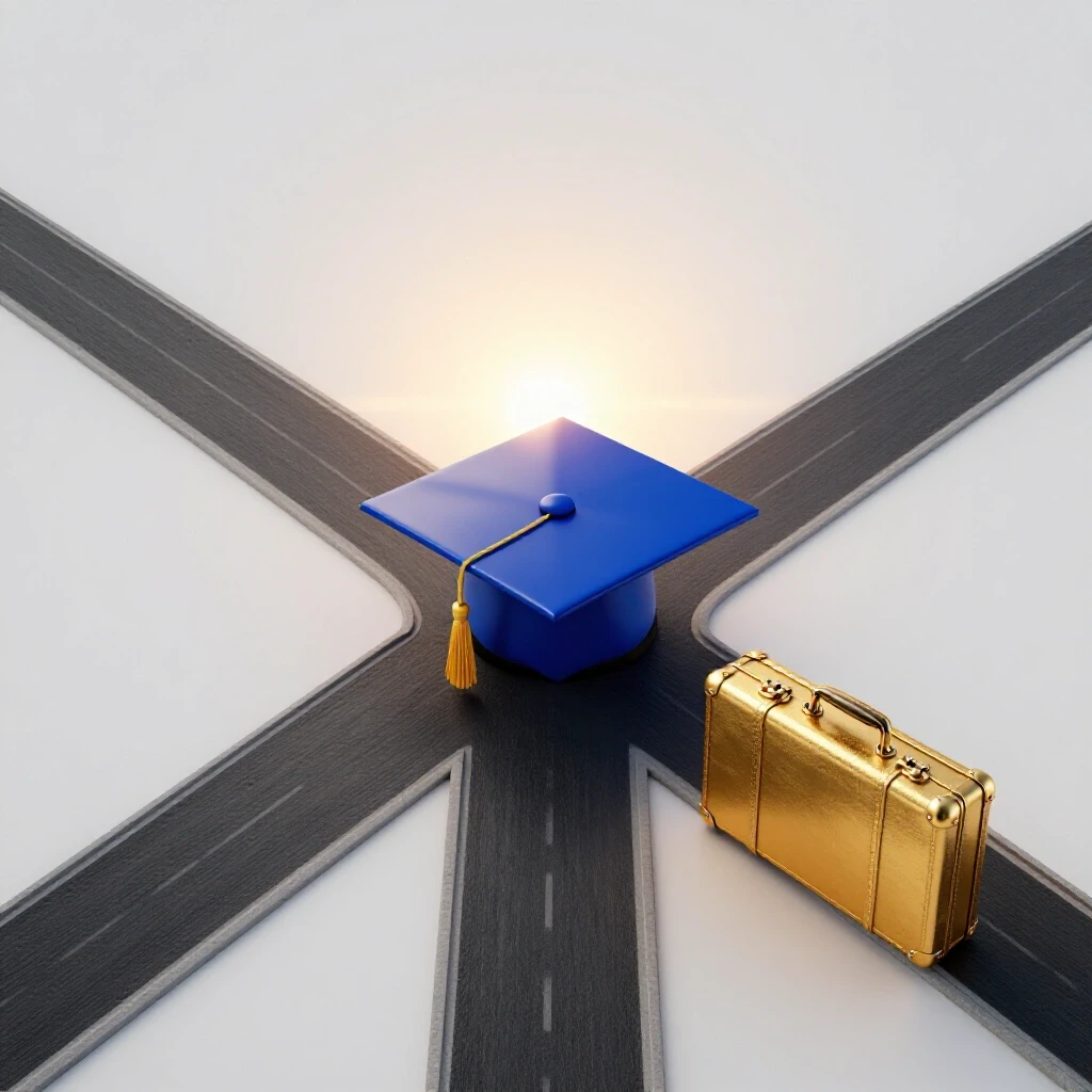 A crossroads scene with a radiant graduation cap on one path and a vintage gold briefcase on the other, both extending toward a sunrise.