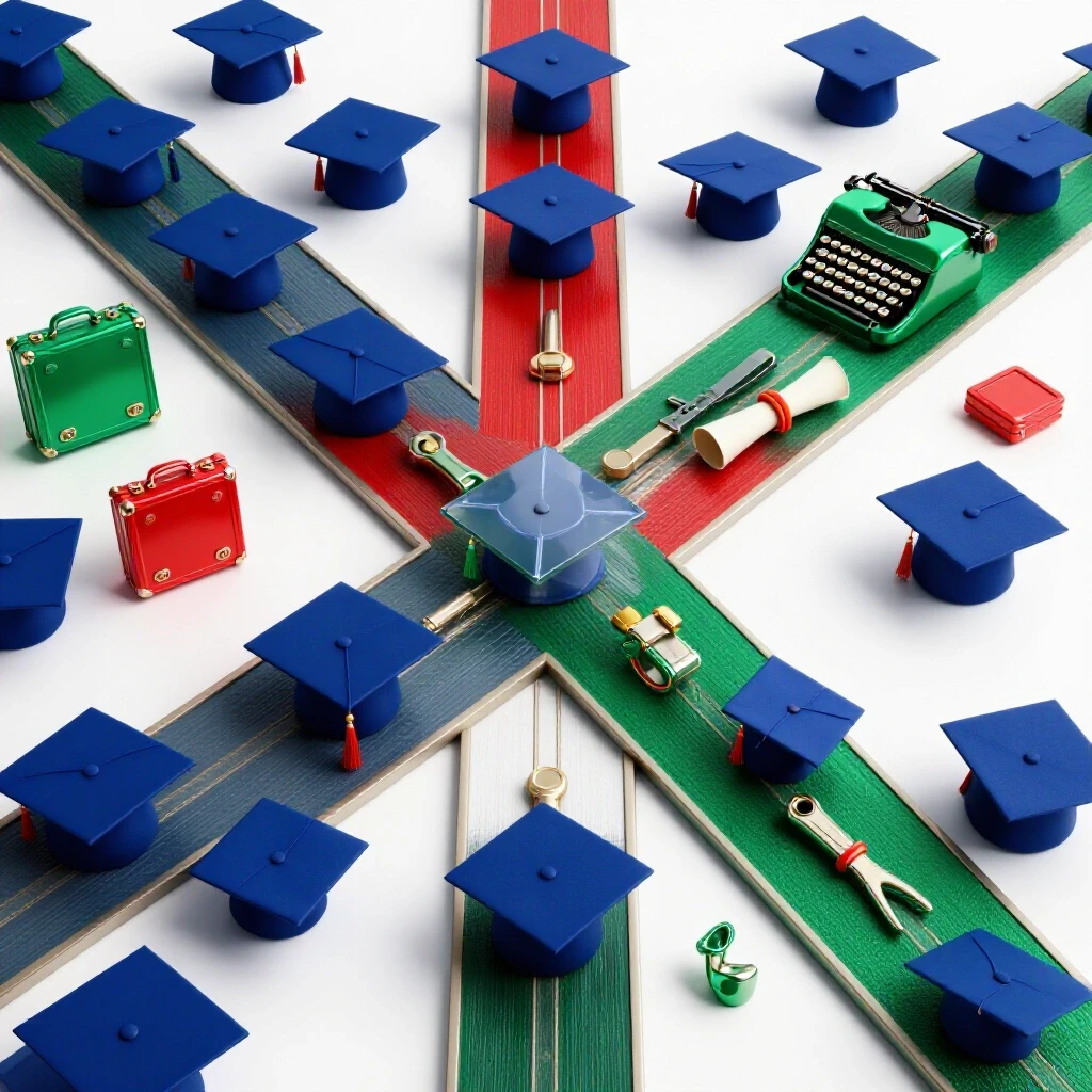 A crossroads with graduation caps and diplomas on one path and vintage career artifacts on the other, set on a bright background.