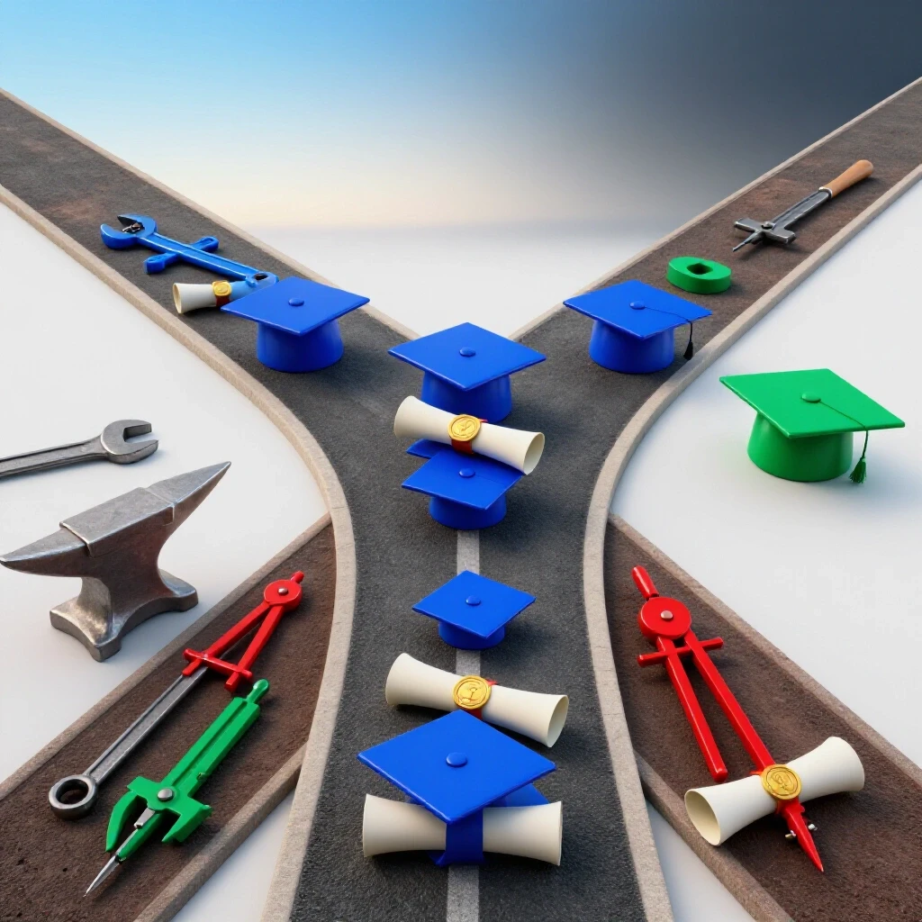 A crossroads with modern academic symbols on one path and traditional trade tools on the other, set against contrasting skies.