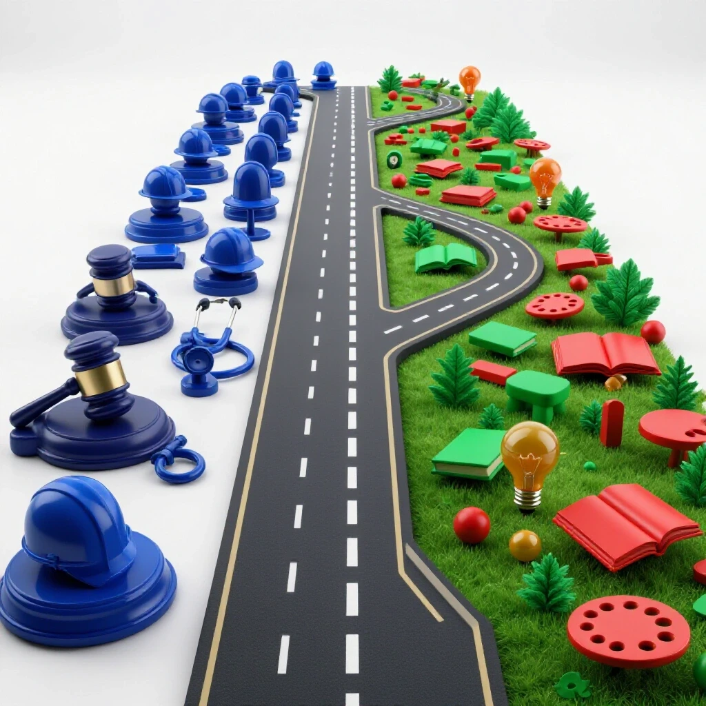Split pathway image showing structured traditional career icons on one side and diverse creative symbols on the other.