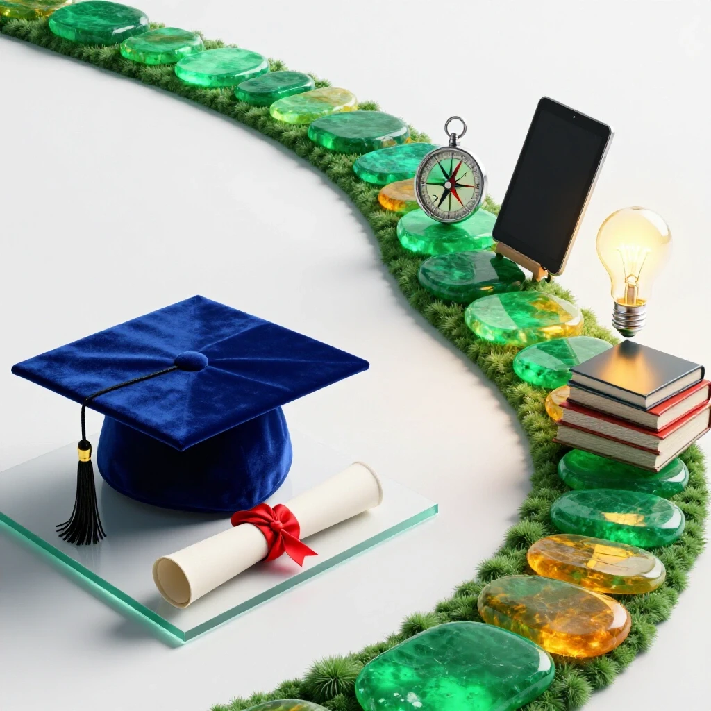 Split image with graduation cap and diploma on one side, vibrant learning path with tools on the other, on a bright background.
