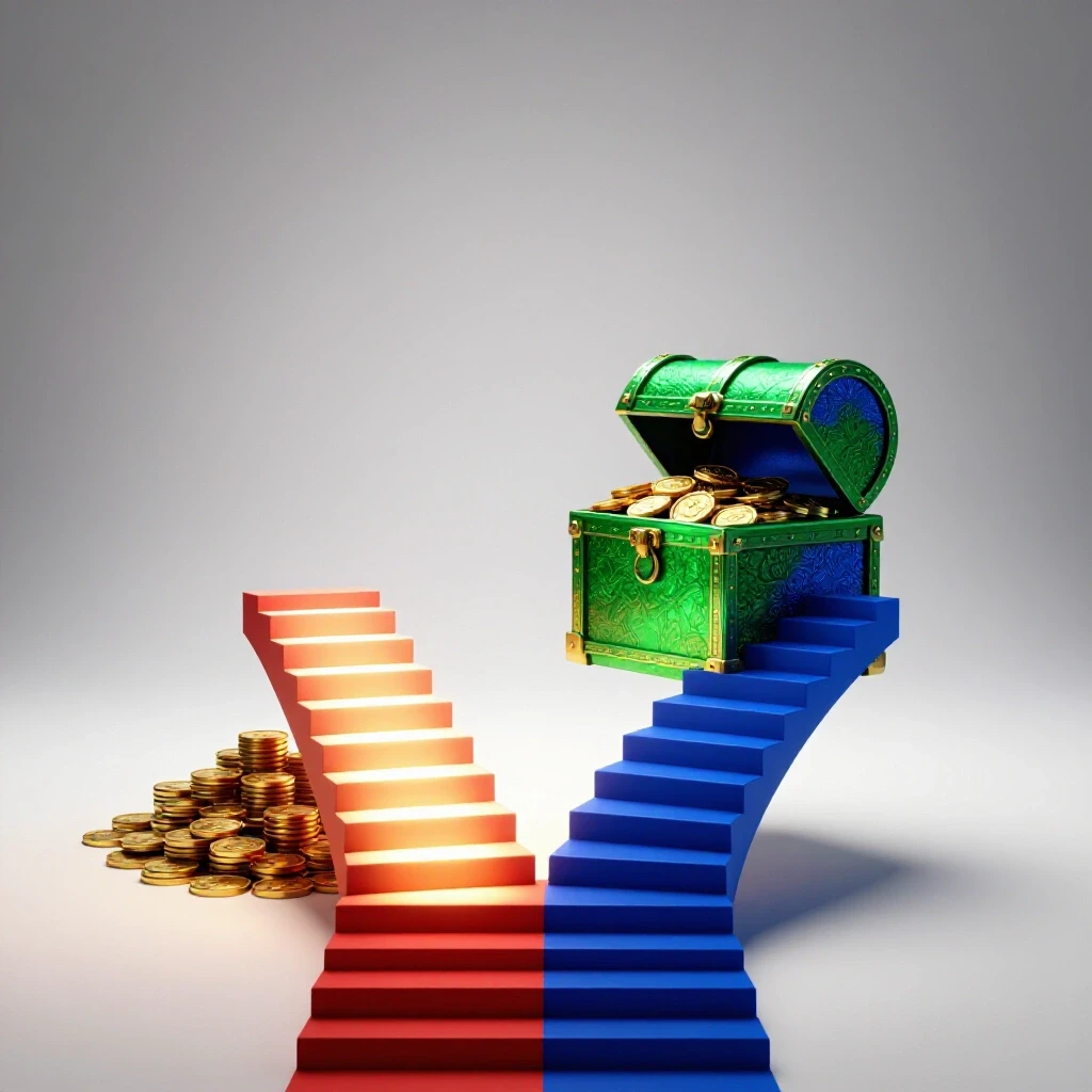 Split staircase with coins at a short path's end and a treasure chest atop a longer winding path, on a bright background.