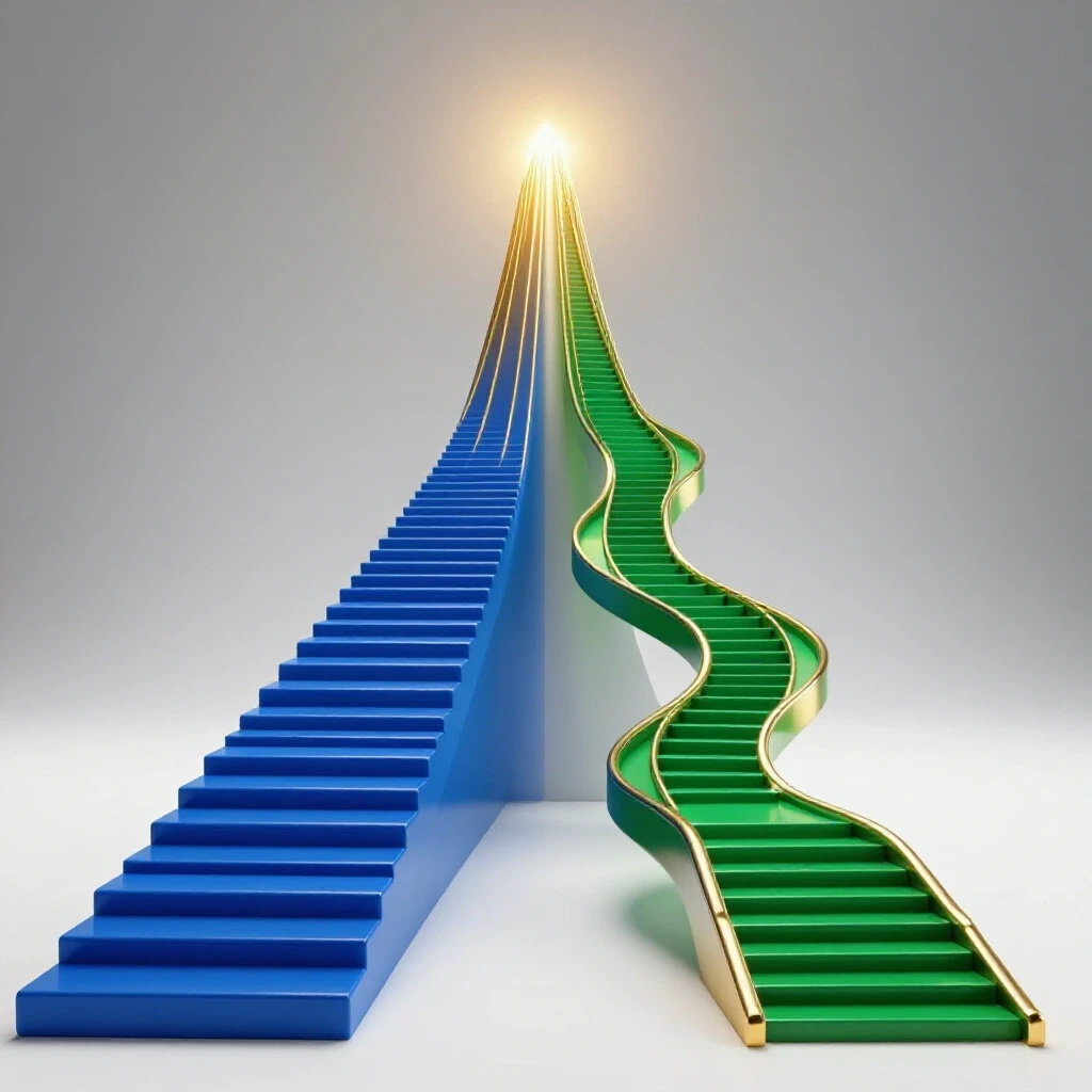 Split image showing stepping stones and a winding staircase leading to separate glowing mountain peaks on a bright background.