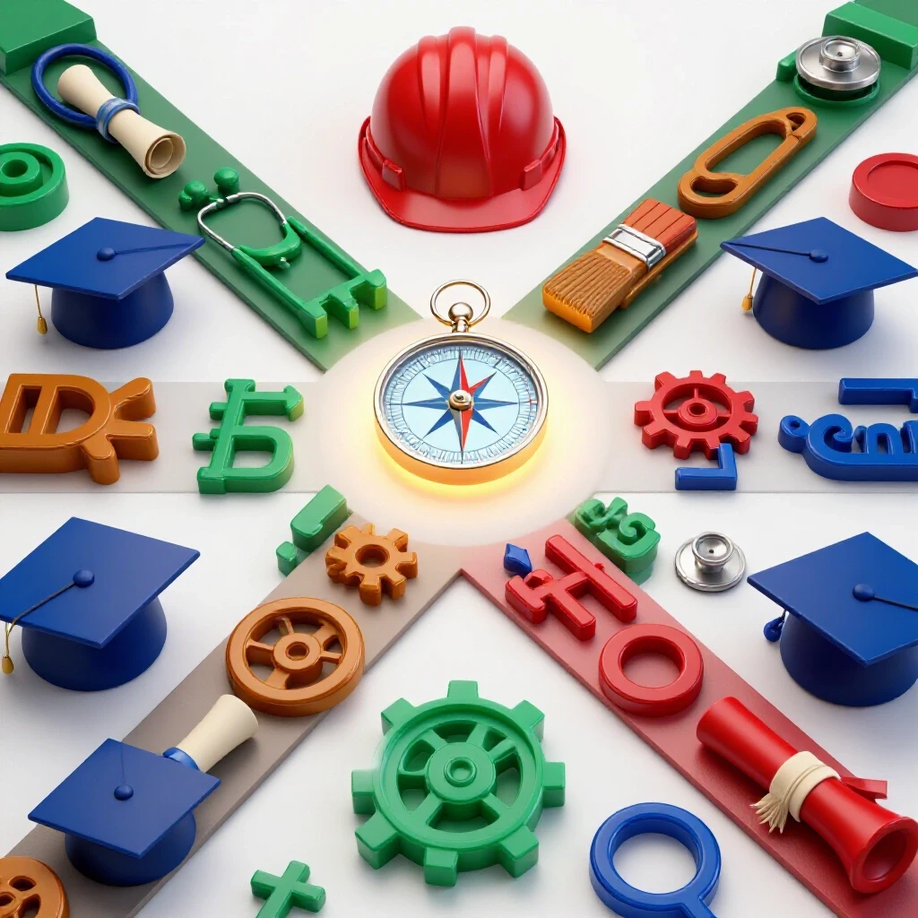 A crossroads scene with academic symbols on one side and professional tools on the other, illuminated by a glowing compass.
