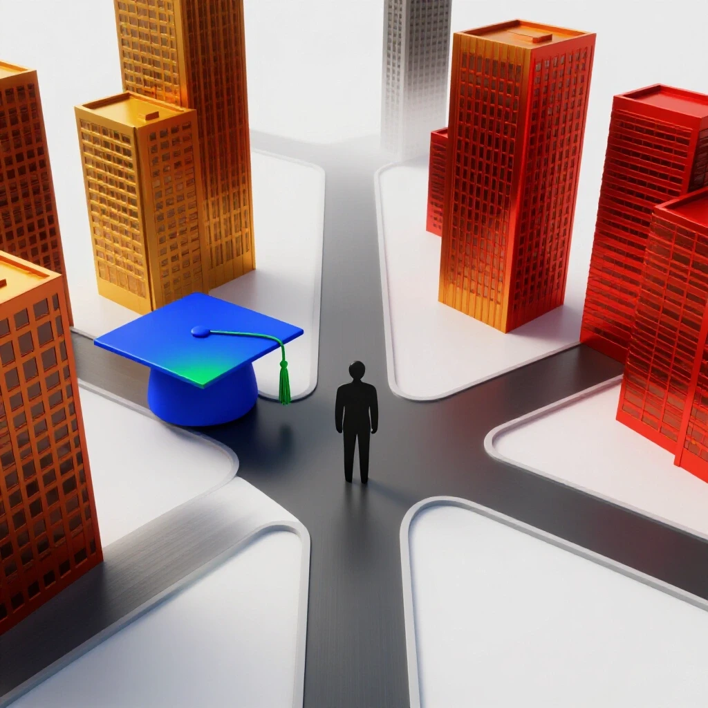 Intersection of a graduation cap and diploma on one path and modern office buildings on another, meeting at a crossroads with an abstract figure deciding between them.