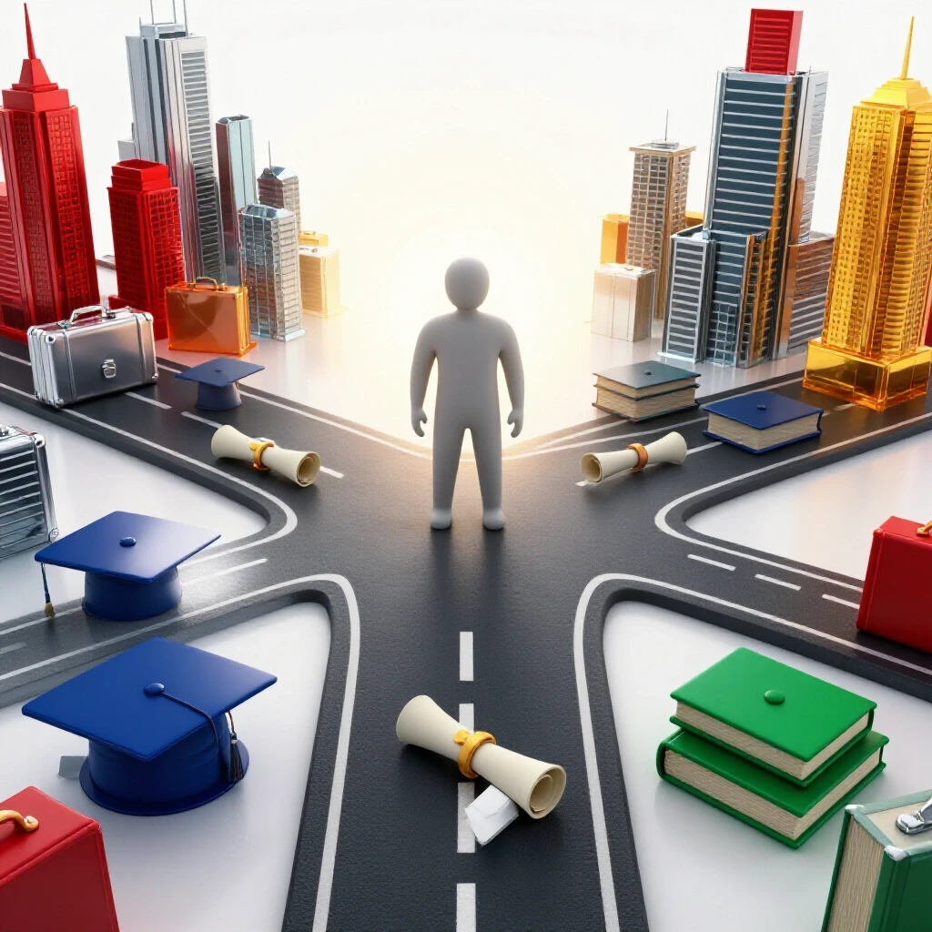 Dynamic crossroads with academic and corporate symbols diverging, centered under a bright horizon, suggesting career choices