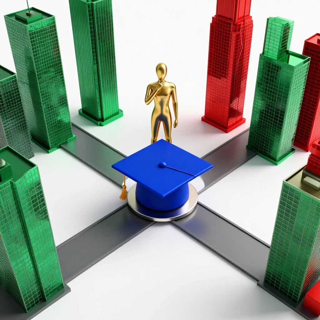A crossroads with a graduation cap on one path and colorful skyscrapers on the other, centered on a dynamic golden figure.