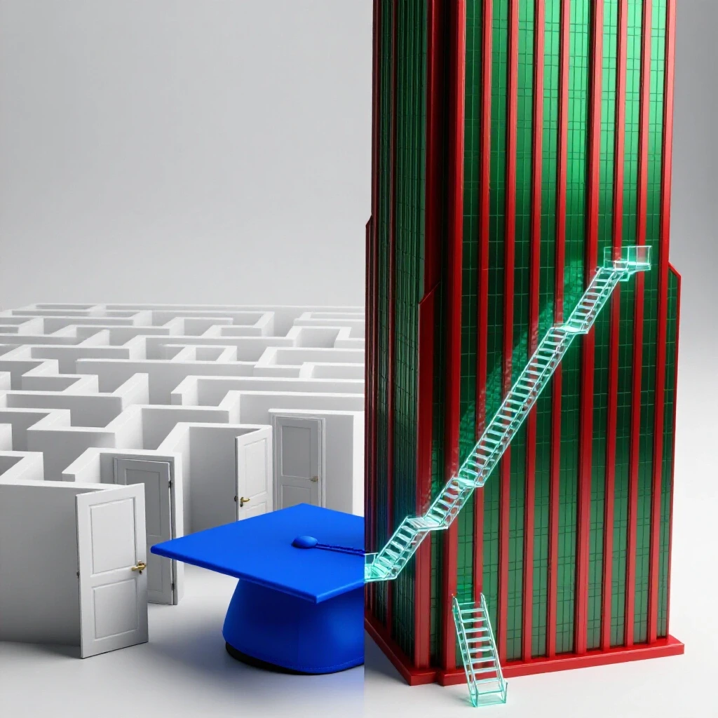 Split scene featuring a graduation cap leading to maze-like doors and a skyscraper with ascending ladders, set on a bright backdrop.