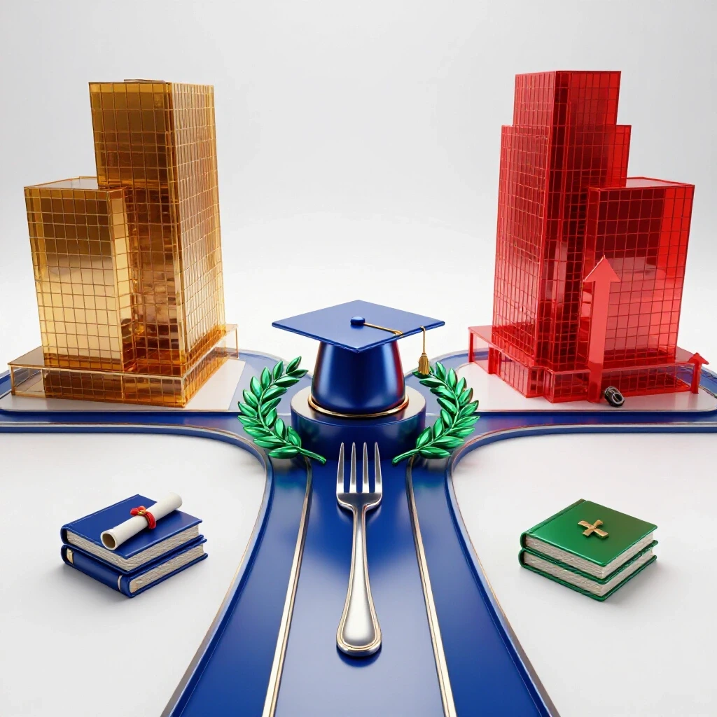 A bright crossroads featuring a graduation cap with academic symbols on one path, and a modern corporate building on the other, set in a luminous white studio.