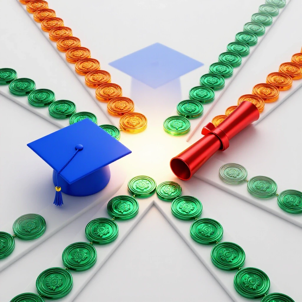 A crossroads showing a graduation cap and diploma meeting digital badges and certificates, spotlighted on white.