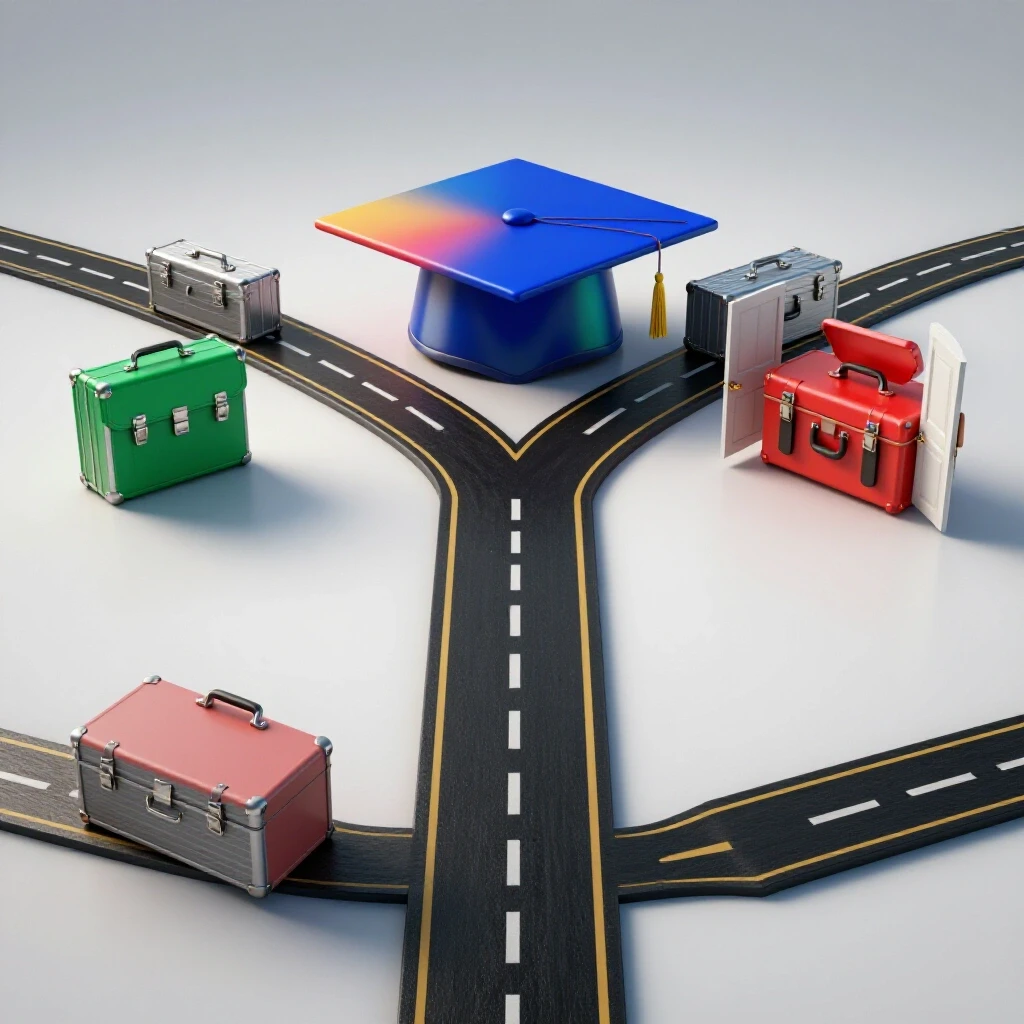Two diverging paths: one toward a graduation cap with briefcases, another toward a toolkit and open doors.
