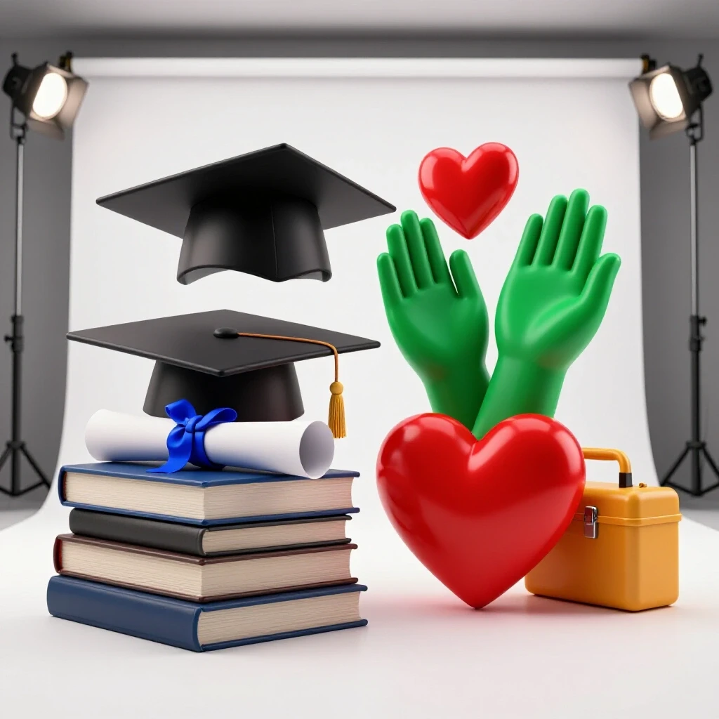 Split scene showing academic regalia and diploma on one side, nonprofit symbols like a heart, hands, and toolbox on the other, against a bright, clean background.