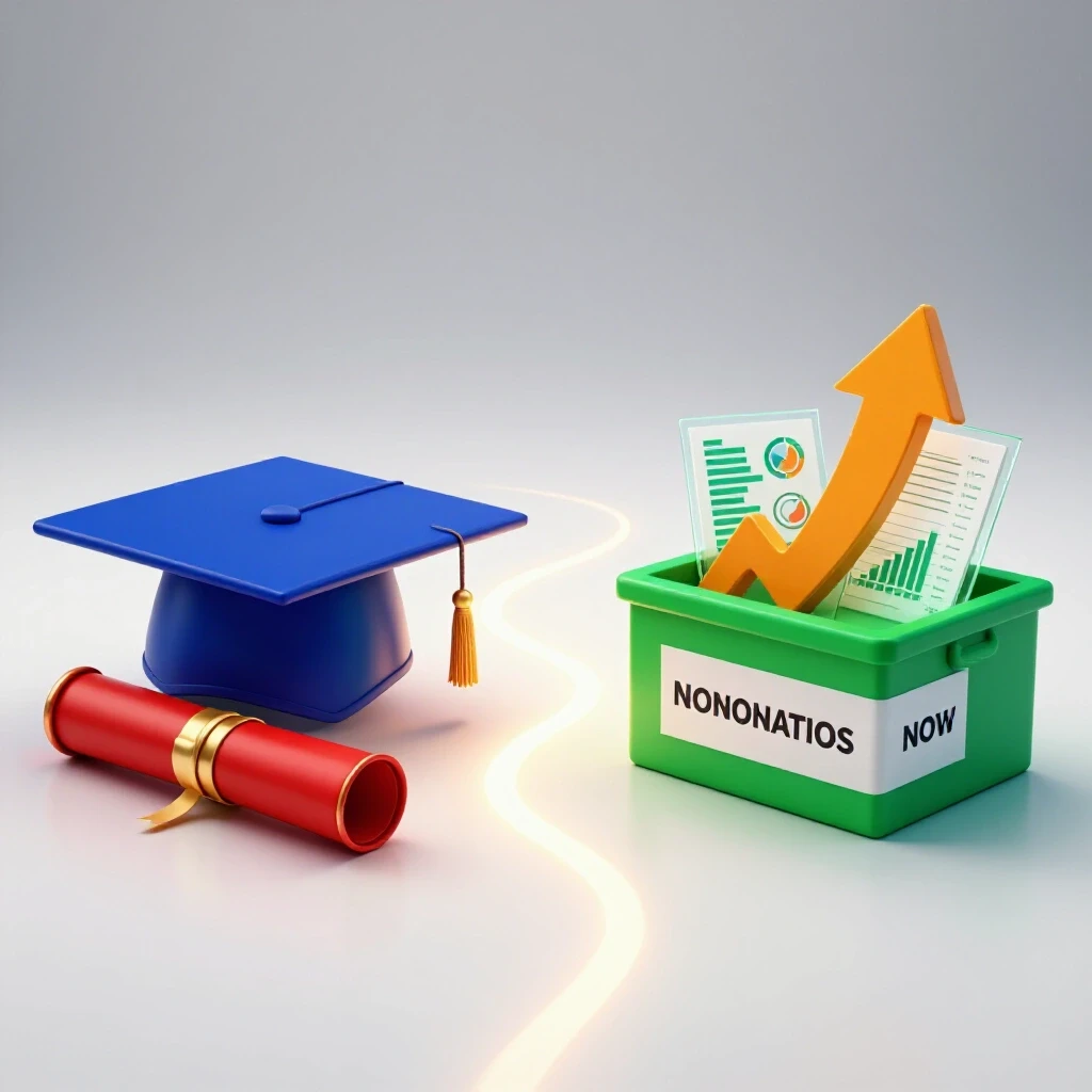 Split scene showing a graduation cap and diploma contrasted with nonprofit symbols linked by a glowing path