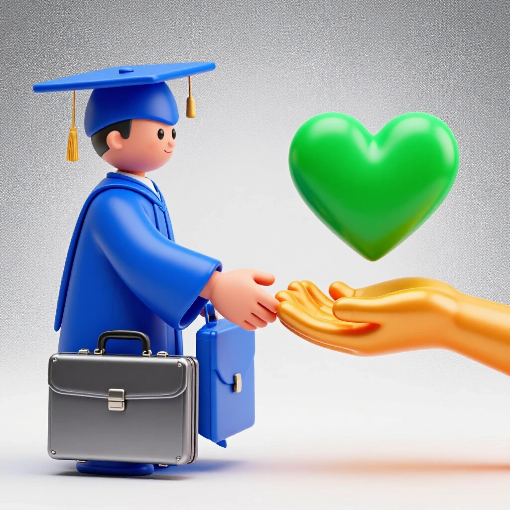Split scene showing a graduation cap shaking hands with a briefcase beside a heart and helping hand, symbolizing career choices.