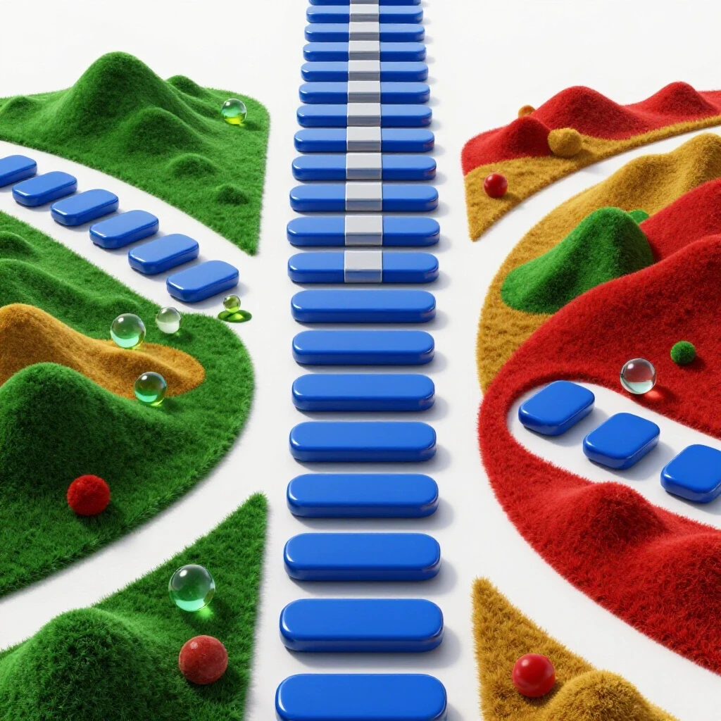 A forked path with structured, glossy stepping stones on one side and a vibrant, winding path of diverse shapes on the other, set against a luminous background highlighting contrasting career journeys.