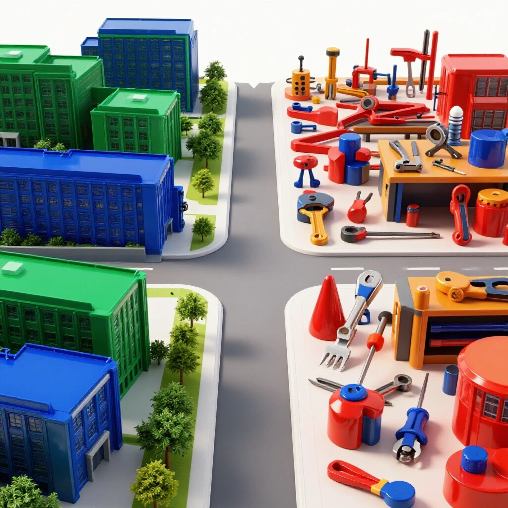 A forked pathway with a modern campus on one side and a vibrant workshop with tools on the other, set in a bright, clean environment.