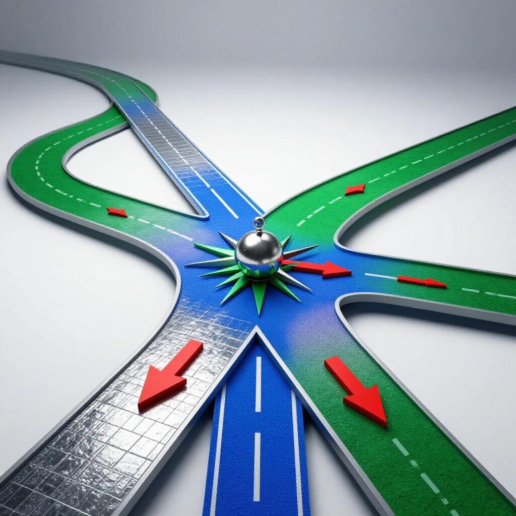 A dynamic crossroads with a structured metallic path and an open winding green path on a luminous white background.