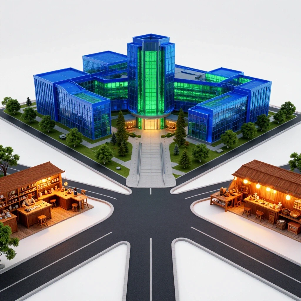 Bright crossroads scene with a modern university campus on one path, family workshop on the other, vivid colors, clean studio background.