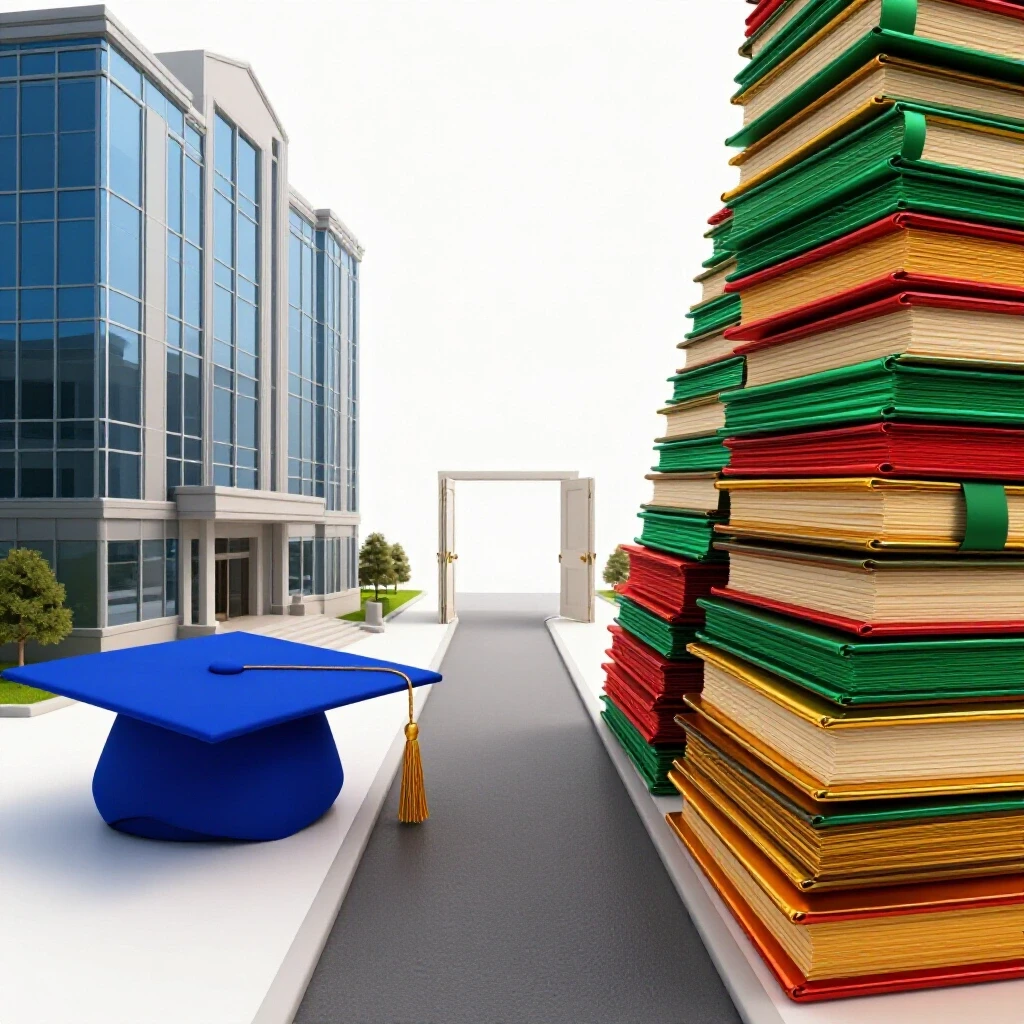 Split pathway with a graduation cap leading to an academic building on one side and colorful certificates ascending to an open doorway on the other, against a bright studio background.