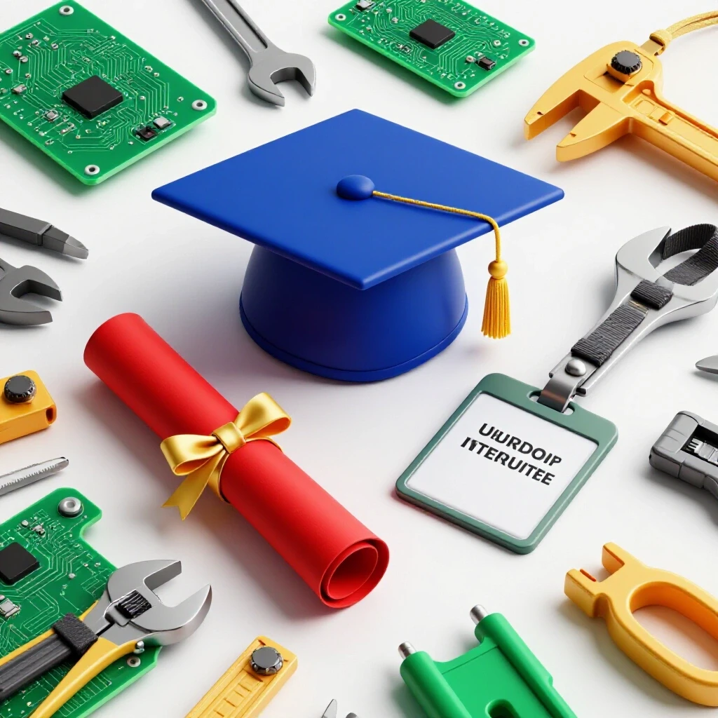 Split scene showing a graduation cap and diploma contrasted with vivid internship tools on a luminous background.