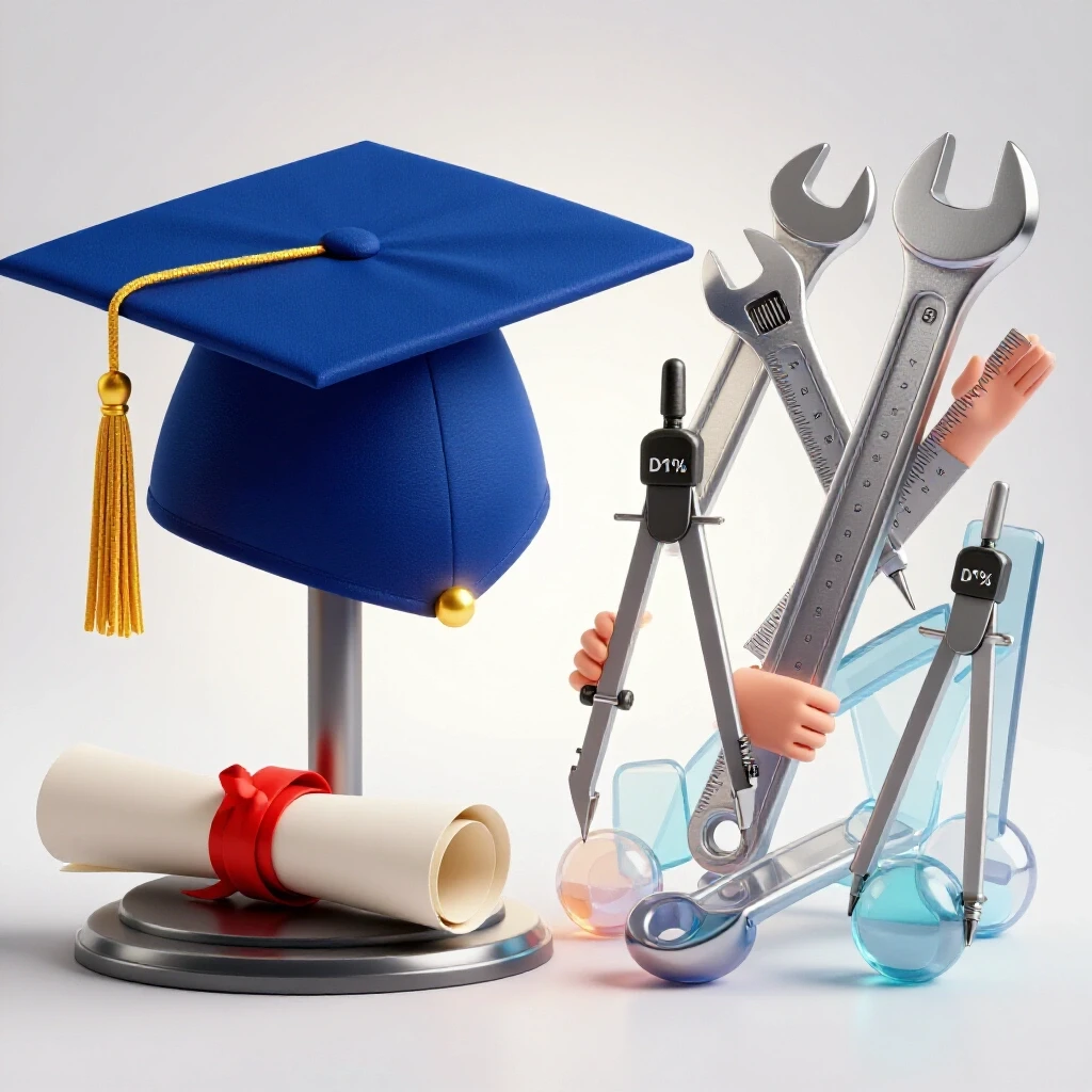 Split scene of a graduation cap and diploma on one side, contrasted with dynamic work tools and teamwork icons on the other, set on a bright white background.