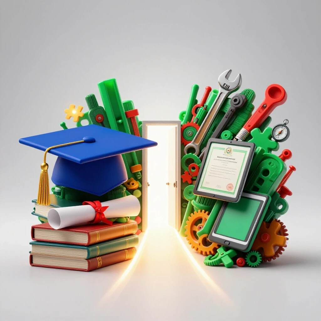 Split scene with graduation cap and diploma on one side, diverse work tools and icons on the other, separated by a glowing path leading to a bright doorway.