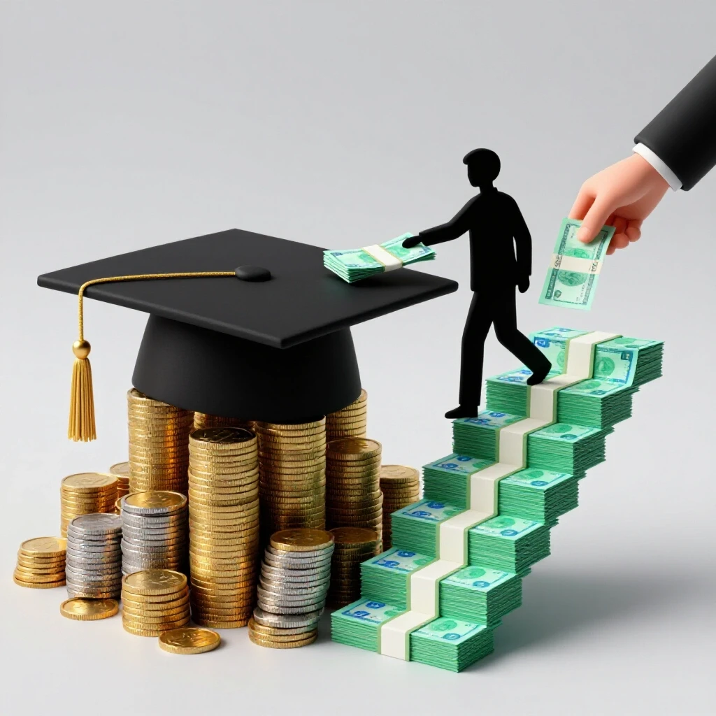 Split scene showing a graduation cap weighed by coins beside stairs of currency with a hand passing money upward
