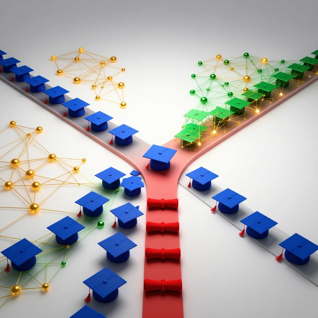 A crossroads with one path of graduation caps and diplomas, the other a vibrant web of network connections.