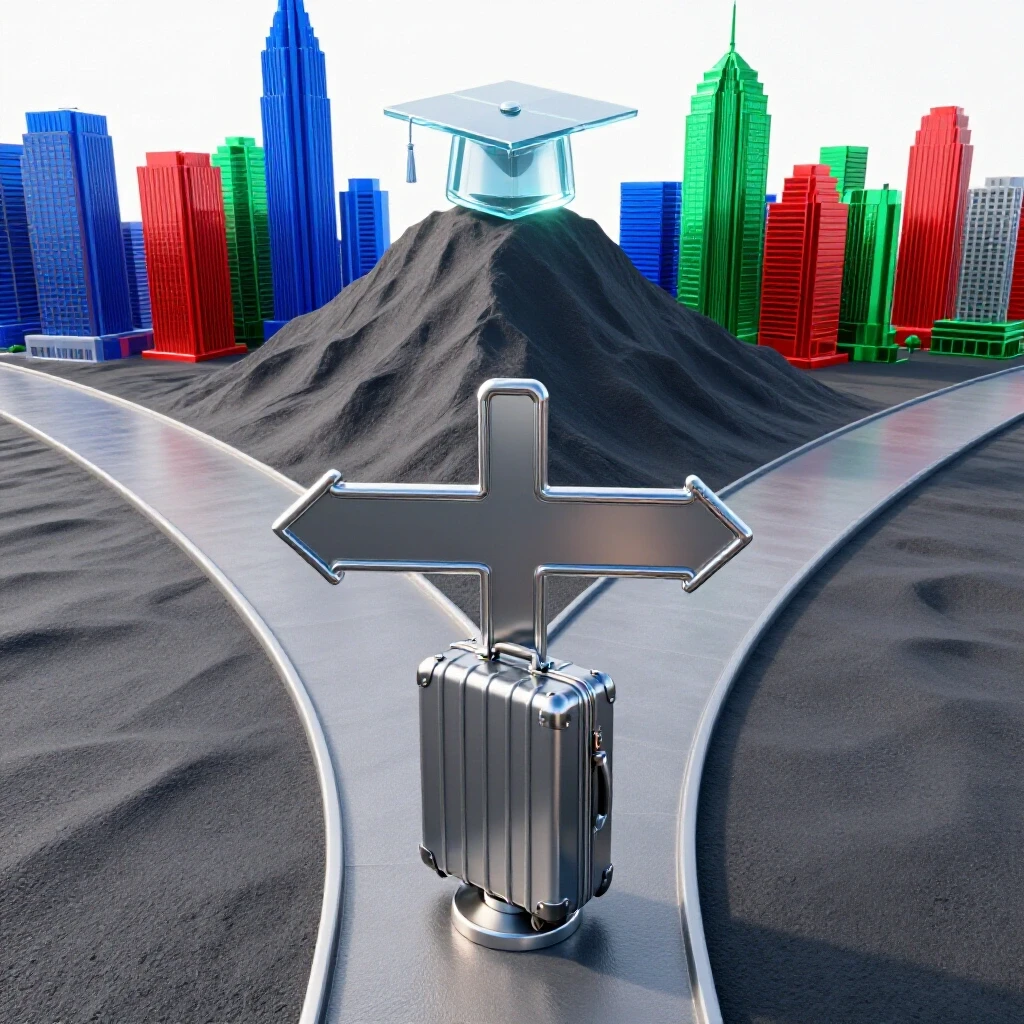 Crossroads with a graduation cap on a mountain and a vibrant city skyline, suitcase at fork, symbolizing career choices