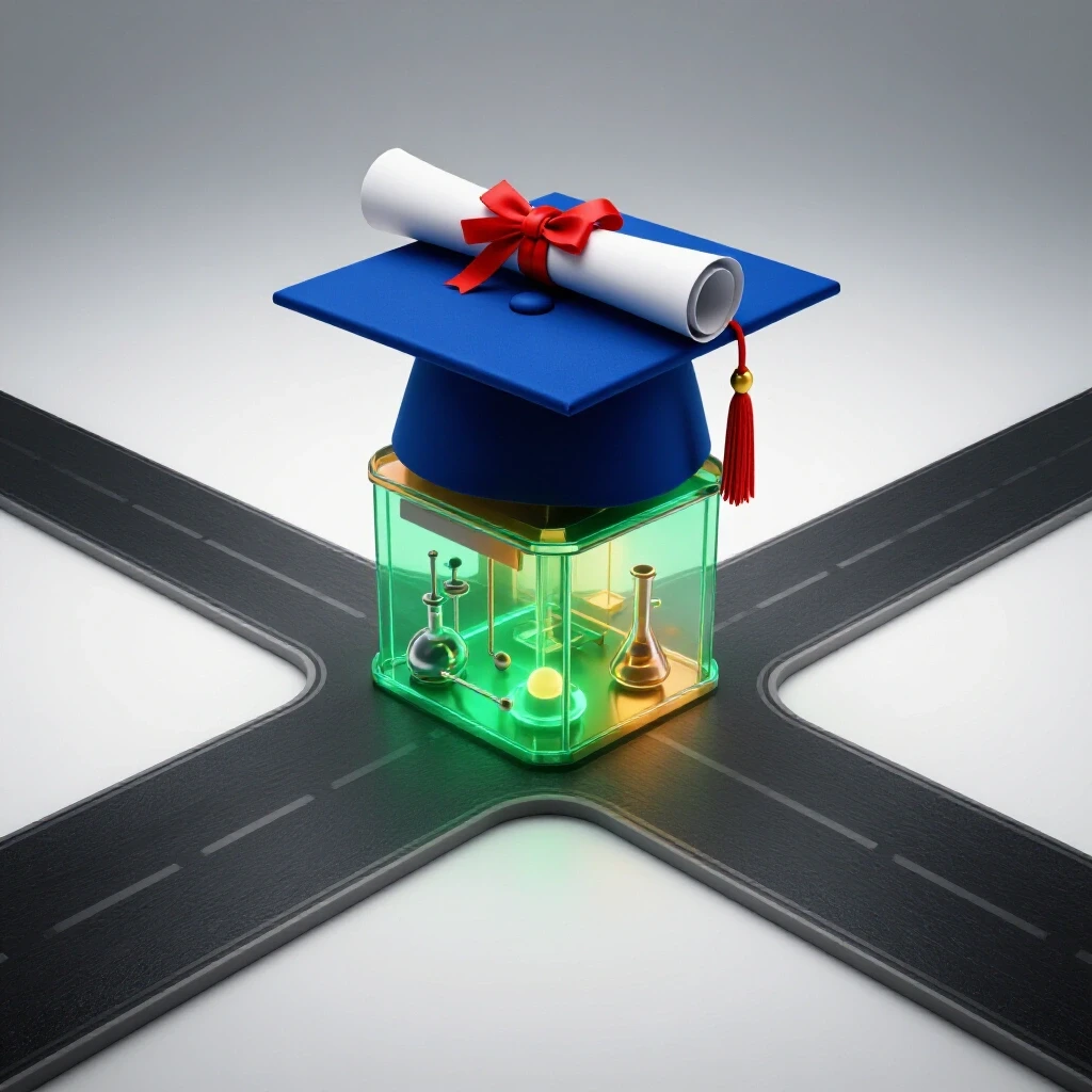 A crossroads with one path to a graduation cap and diploma, the other to a glowing research lab, set on a bright white background.