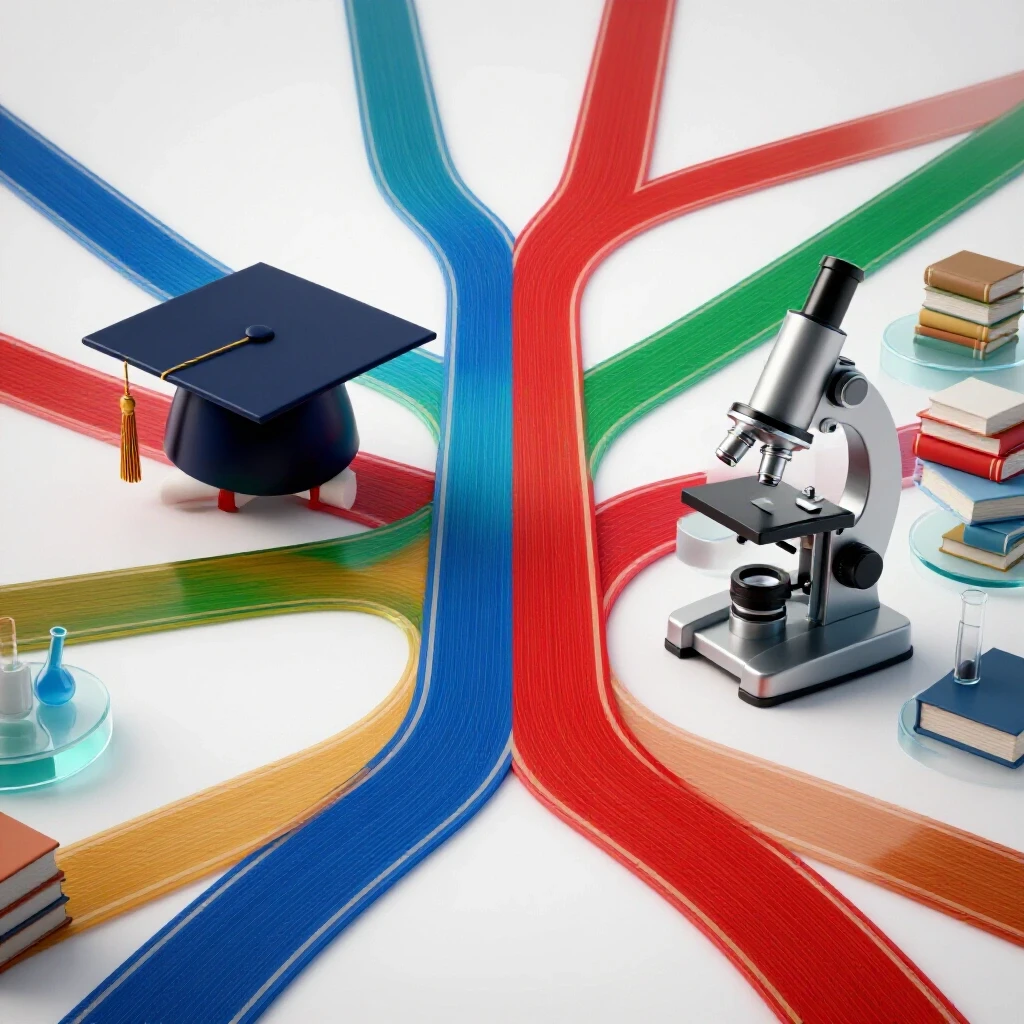 Split image with vibrant graduation cap and career crossroads on left, and research tools in a modern university setting on right.