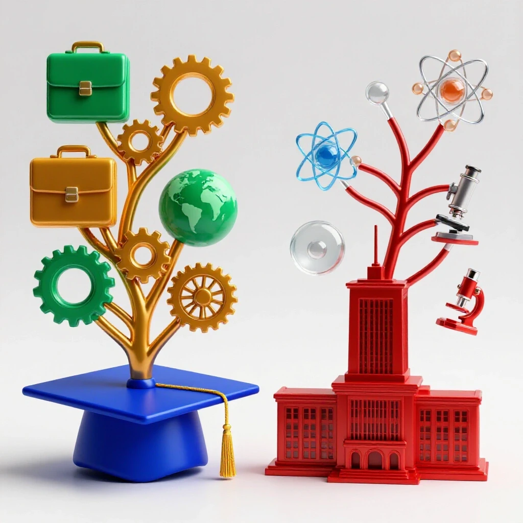 Split scene with a graduation cap leading to career icons and a university building branching into research symbols, set against a bright white background.